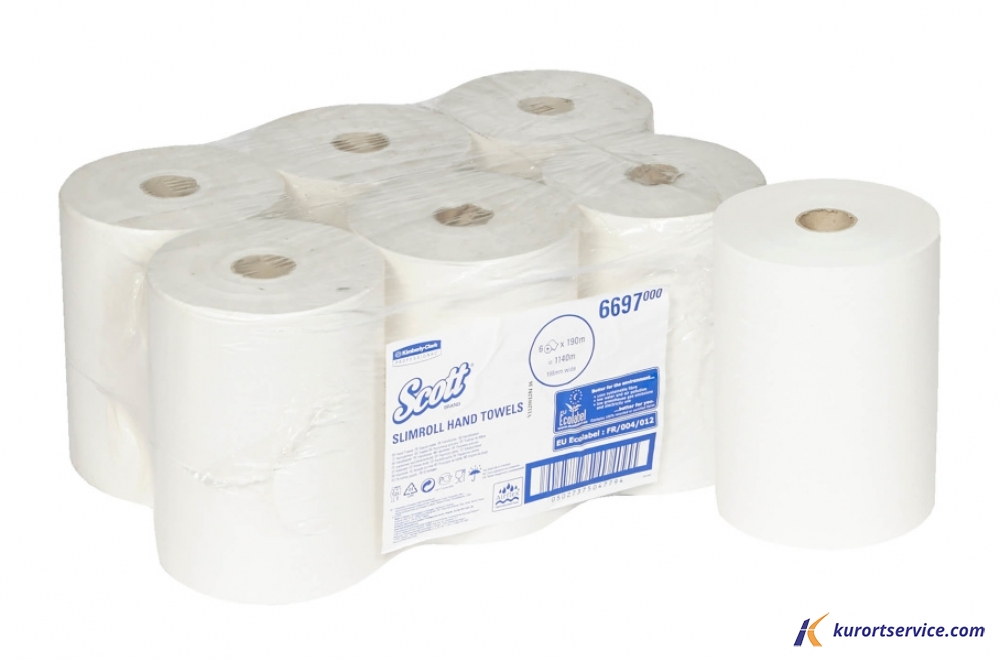 Бумажные полотенца в рулонах Scott Slimroll белые, 1 слой, 190 м, 6 рул/кор